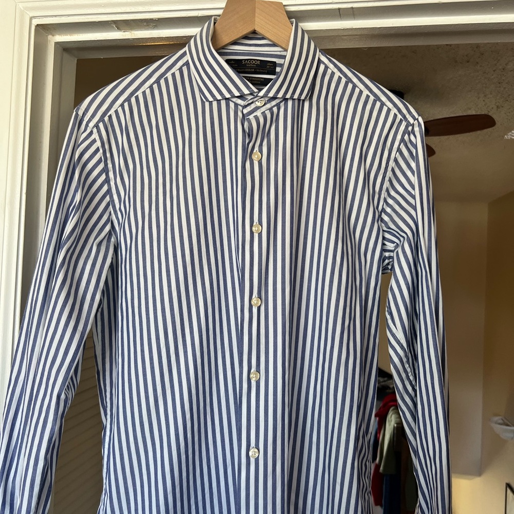 Sacoor white+blue stripes 100% soft cotton dress shirt / Spread Collar